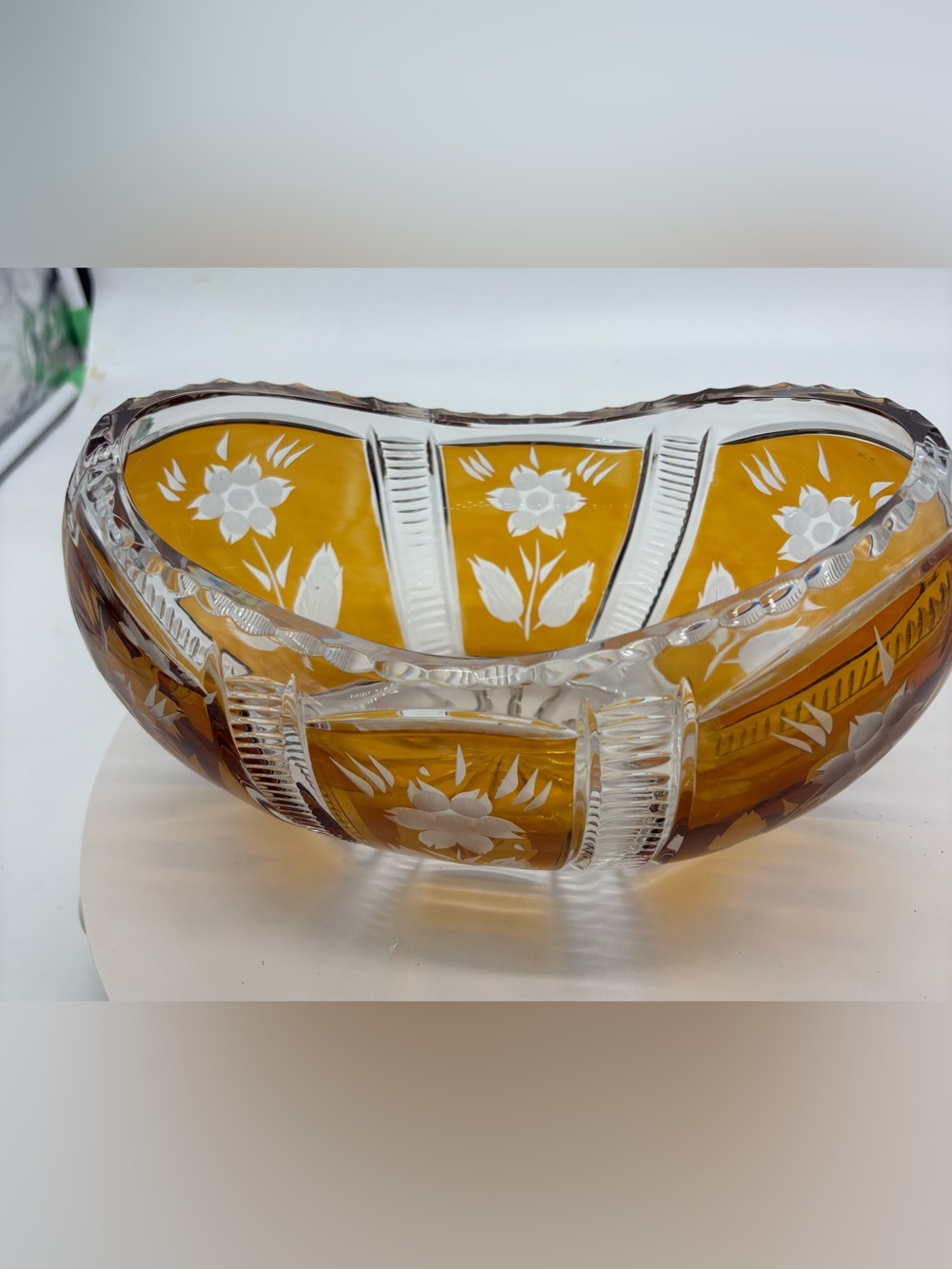 Bohemian Czech Amber Cut To Clear Crystal Boat Bowl